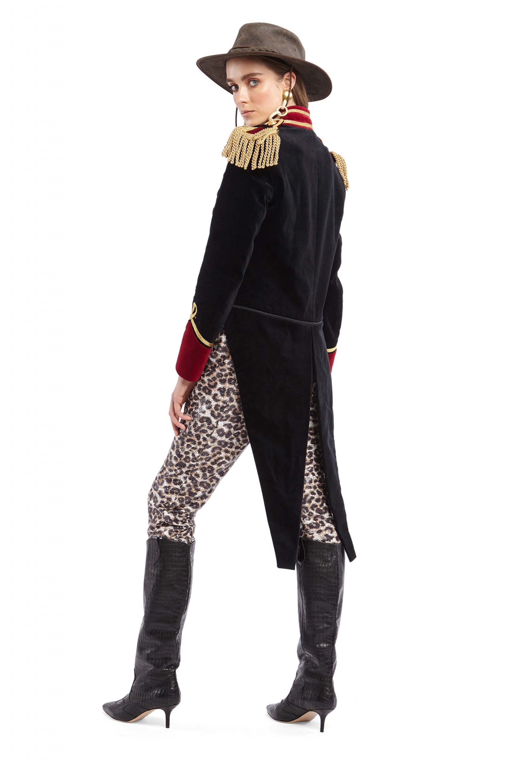 Black Velvet Tailcoat with Red Collar and Gold Taping | Festivalia