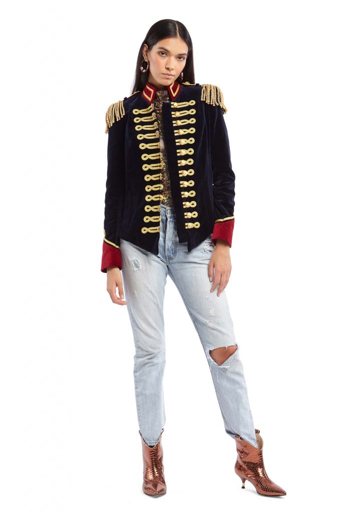 Dark Blue Velvet Jacket with Red Collar and Gold Taping by Pinky Laing