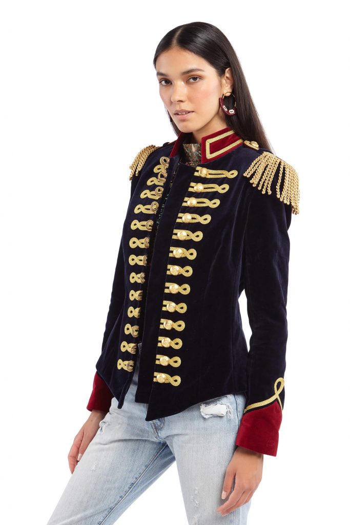 Dark Blue Velvet Jacket with Red Collar and Gold Taping | Festivalia
