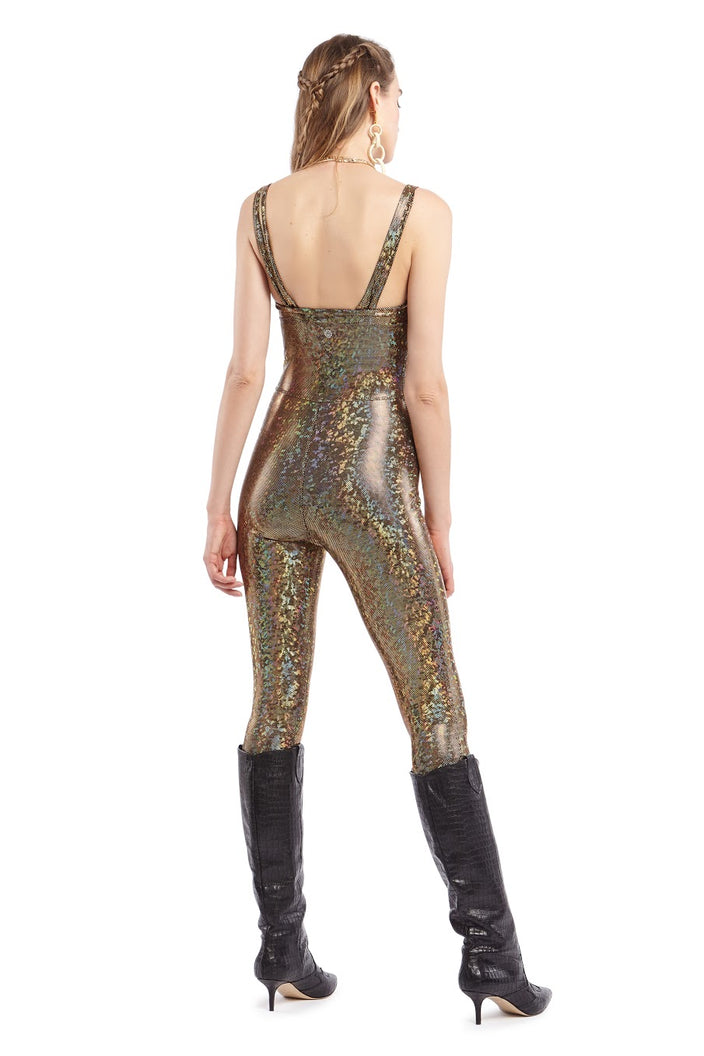 Gold Holographic Strappy Catsuit | Festivalia