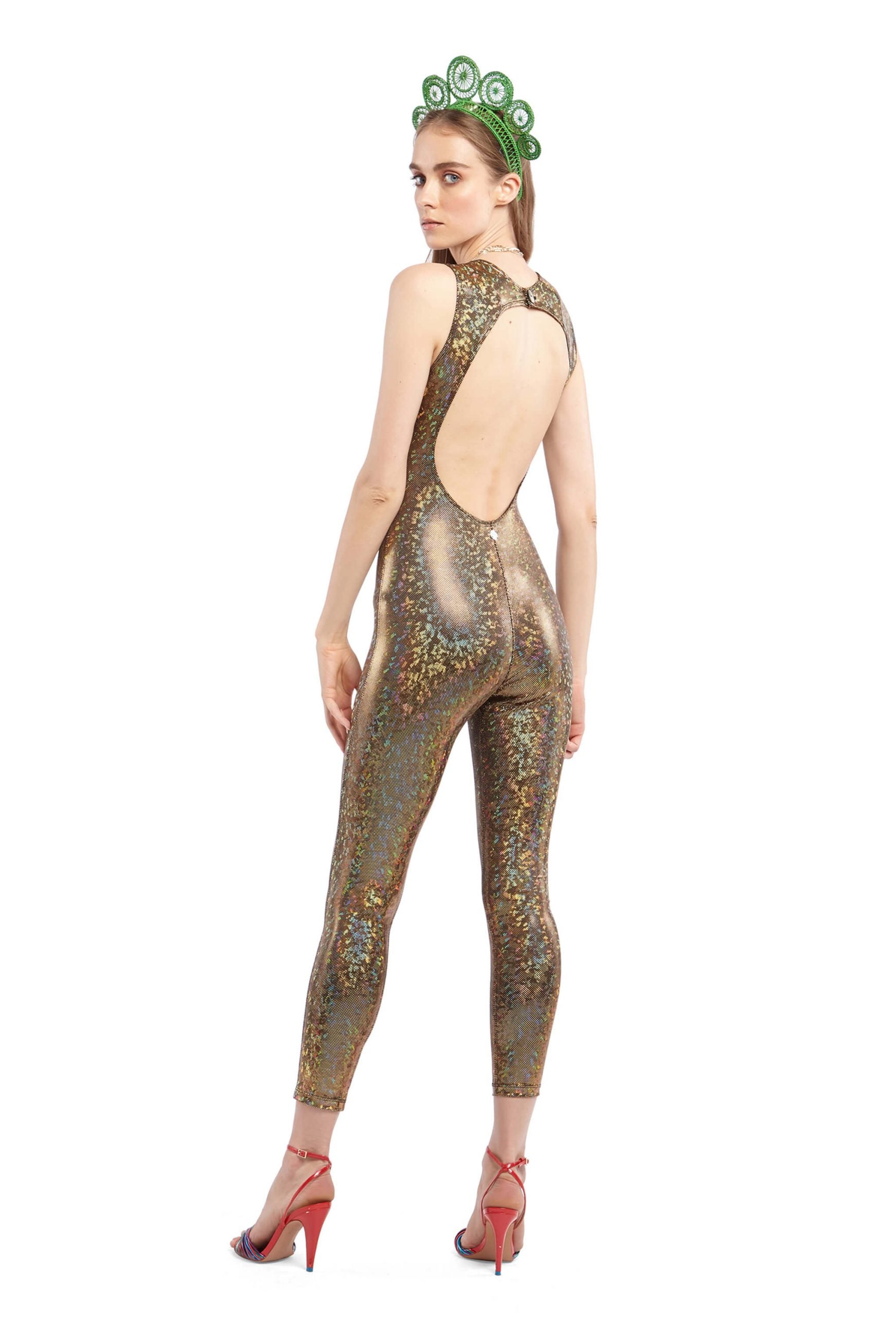 Gold Holographic Catsuit with Black Mesh | Festivalia