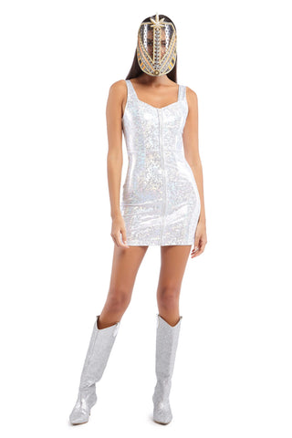 White Holographic Zip Up Mini Dress