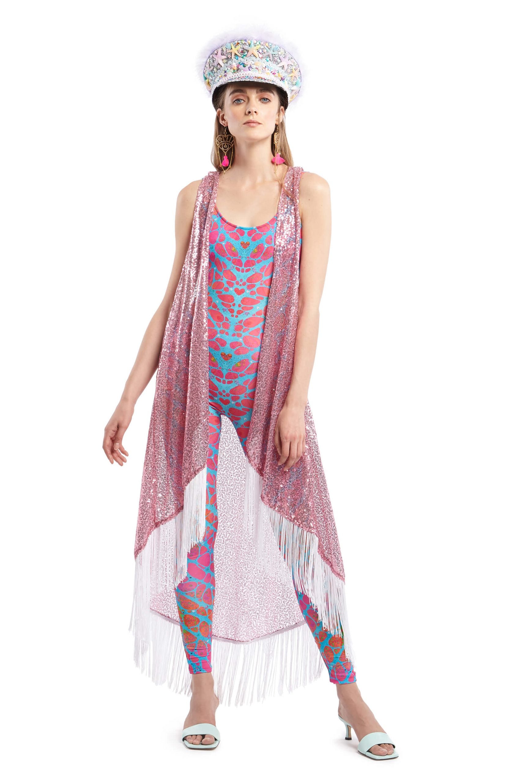 Pink Sequin Sleeveless Cape with White Fringe | Festivalia