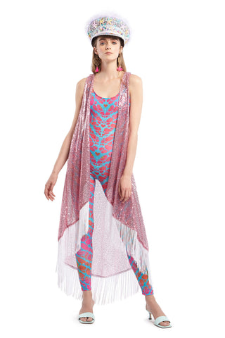 Pink Sequin Sleeveless Cape with White Fringe