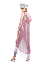 Pink Sequin Sleeveless Cape with White Fringe | Thumbnail 2