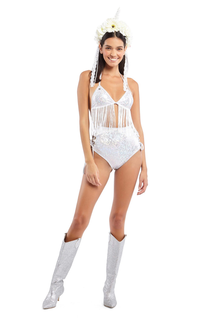 White Holographic High Waisted Lace Up Hot Pants | Festivalia