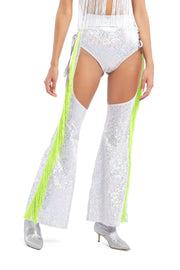 White Holographic Chaps with Green Fringe | Thumbnail 1
