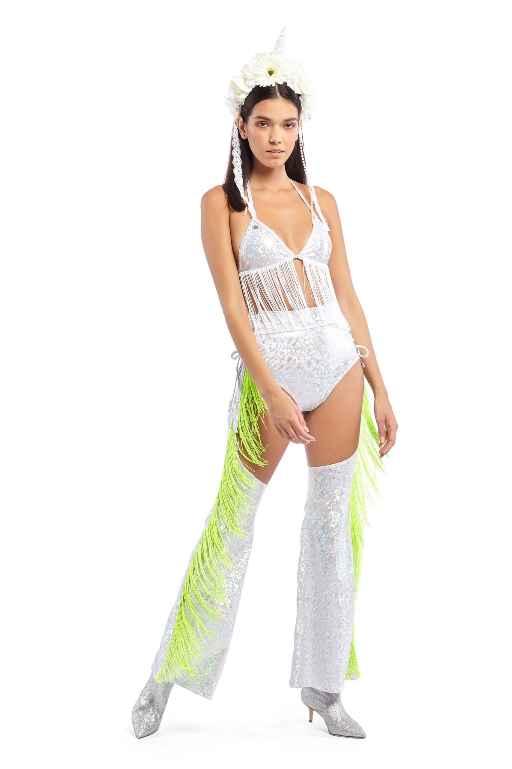 White Holographic Chaps with Green Fringe | Festivalia