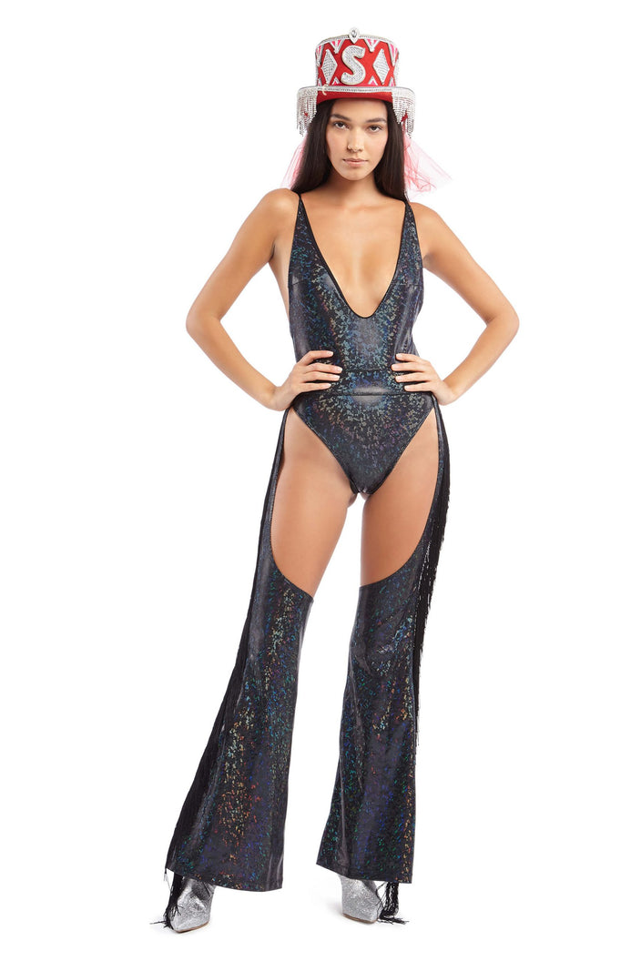 Black Holographic Chaps with Black Fringe | Festivalia