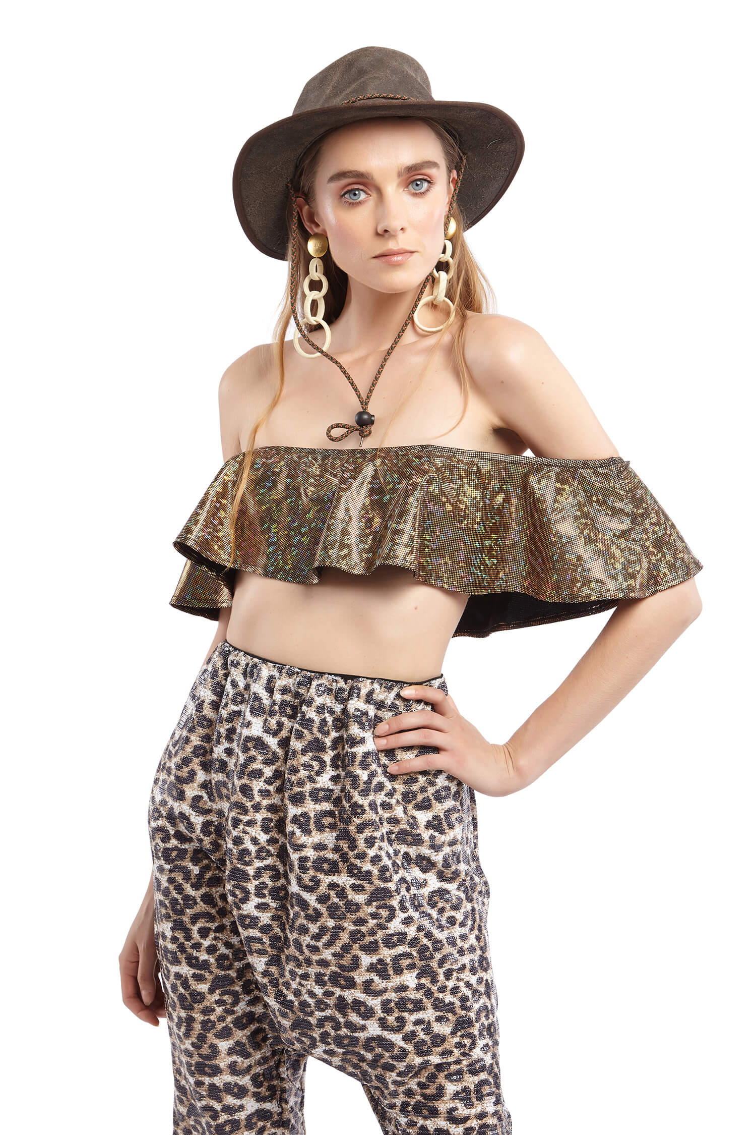 Gold Holographic Cropped Volant Top | Festivalia