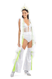 Green Iridescent Hooded Vest with White Feather Lining | Thumbnail 1