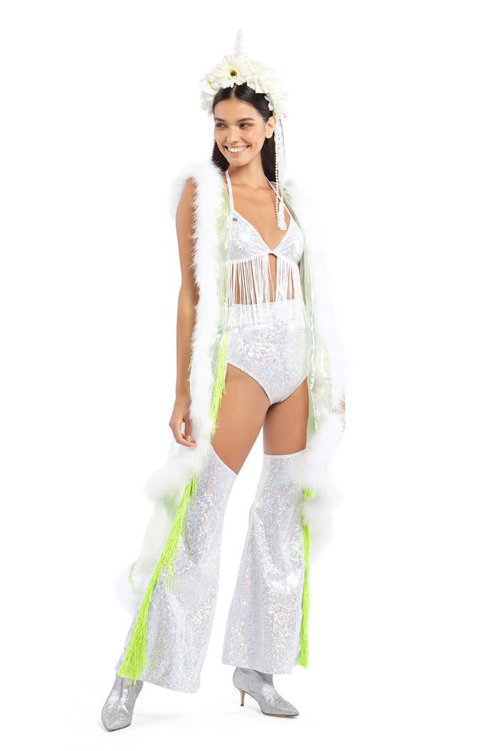 Green Iridescent Hooded Vest with White Feather Lining | Festivalia