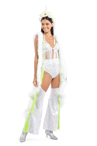 Green Iridescent Hooded Vest with White Feather Lining