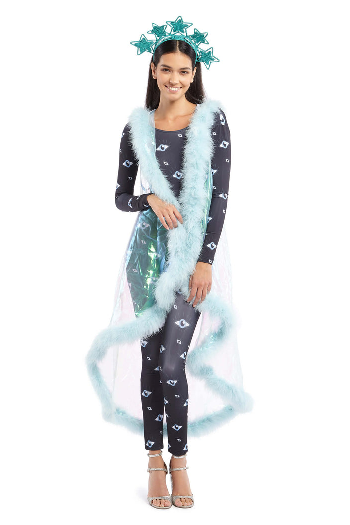 Light Blue Iridescent Cape with Light Blue Feather Lining | Festivalia