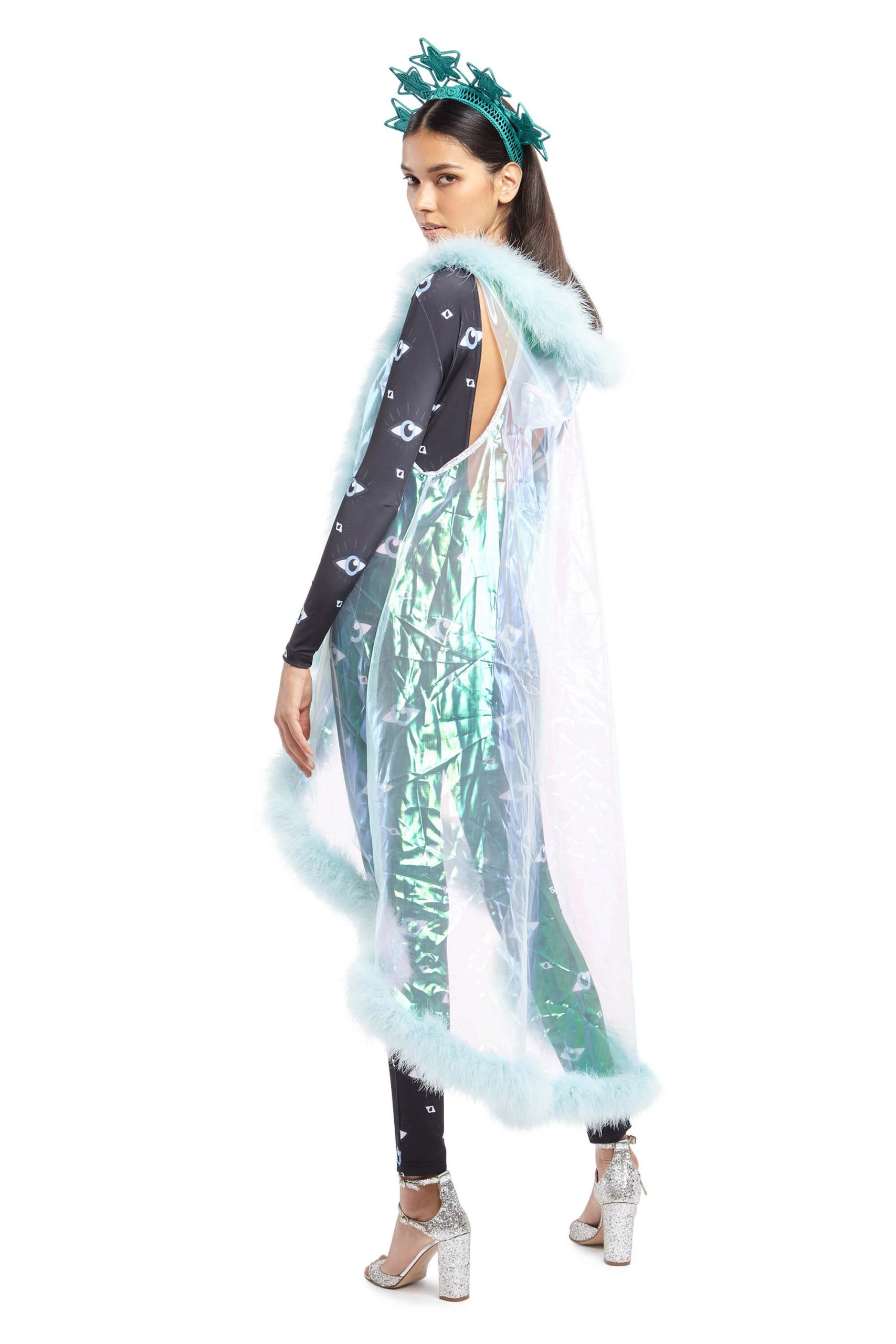 Light Blue Iridescent Cape with Light Blue Feather Lining | Festivalia