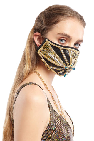 The Royal Raver Black and Gold Rhinestone Mask with Embellished Cross